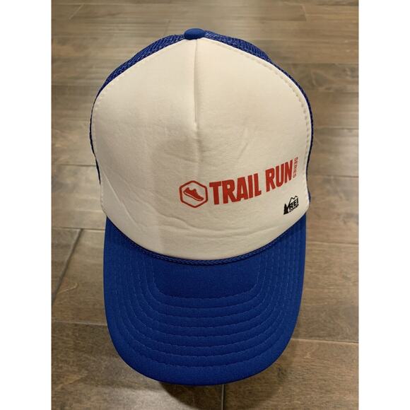 Vtg Nissin REI CO-OP Trail Run Series White Blue Trucker Hat Baseball Cap - Picture 2 of 9